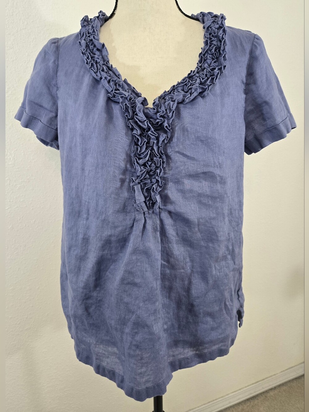 Talbots Linen Ruffled V-Neck Short Sleeve Top Lightweight Summer Breatheable, 8